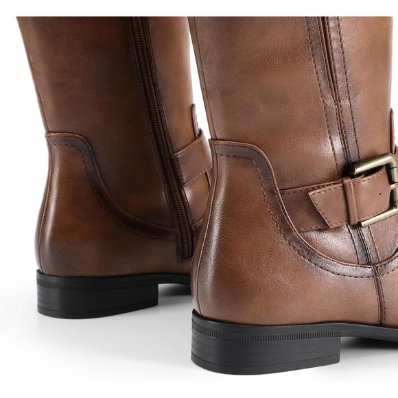 Women's Faux Leather Tan Knee High Buckle Chunky Heel Flat Riding Pirate Boots - Picture 7 of 7